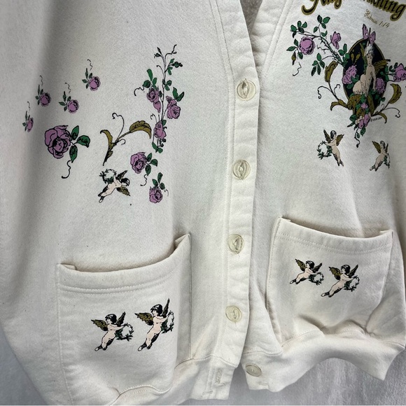 Mayberry USA Apparel Vtg 90s Med Christian Kitsch Jesus Angels Roses Cardigan - Picture 3 of 8